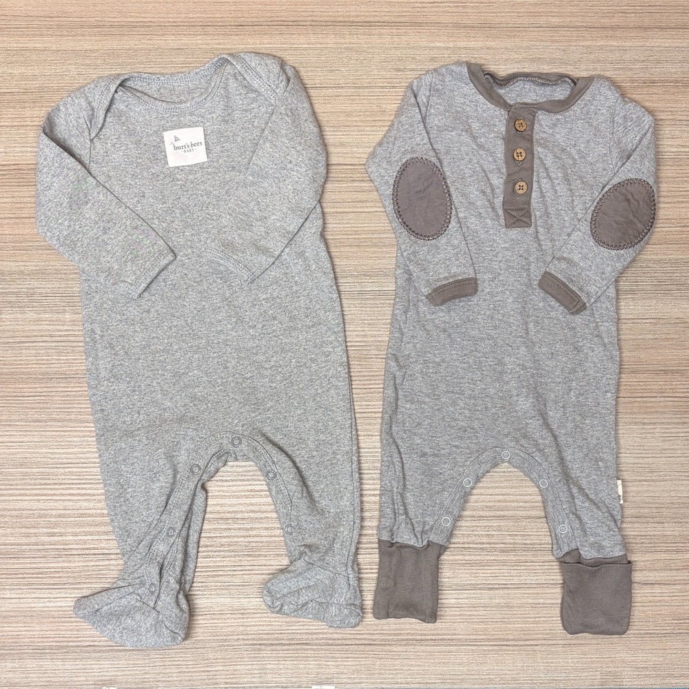Burts Bees Baby Organic Cotton One Piece Rompers 0-3M Lot of 2 Convertible